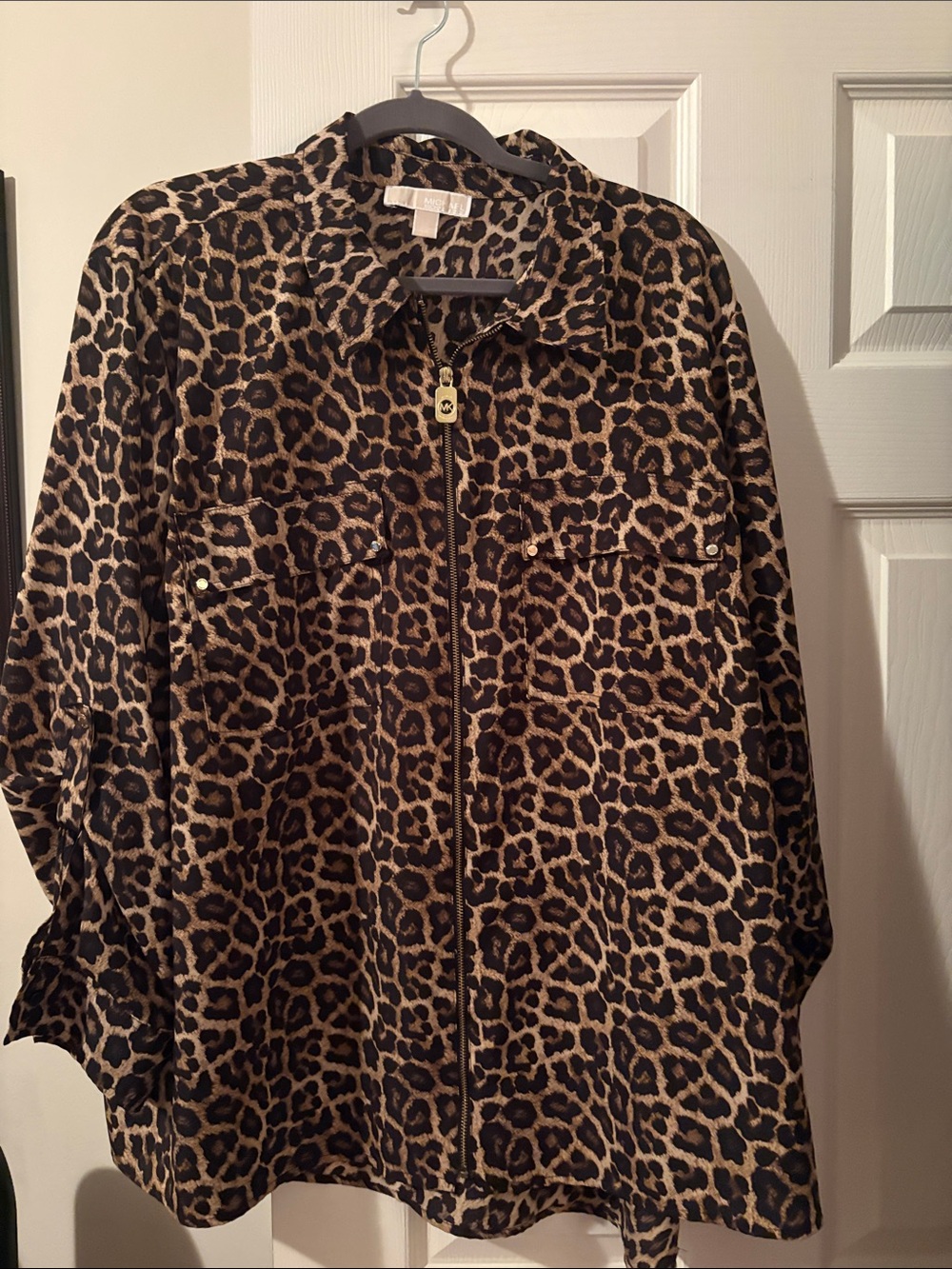 Michael Kors Leopard Print Zip-Front Blouse in Brown and Black